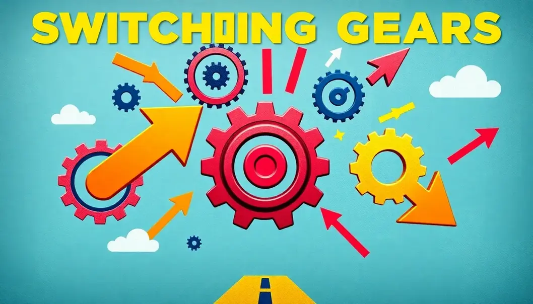 Illustration of career switching with gears and symbols of different job paths.