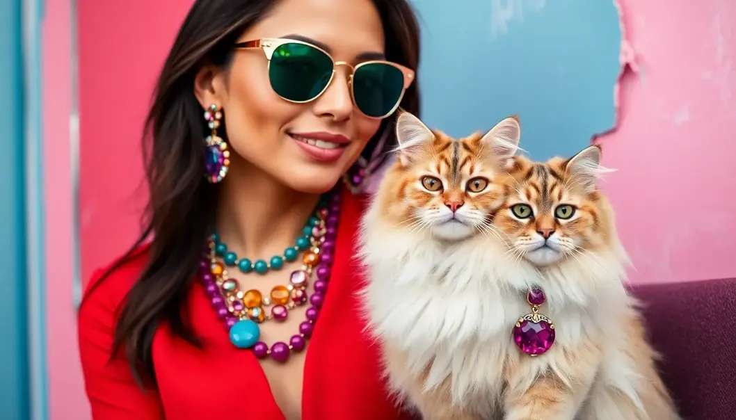 Woman proudly wearing statement jewelry, alongside her playful puppy.
