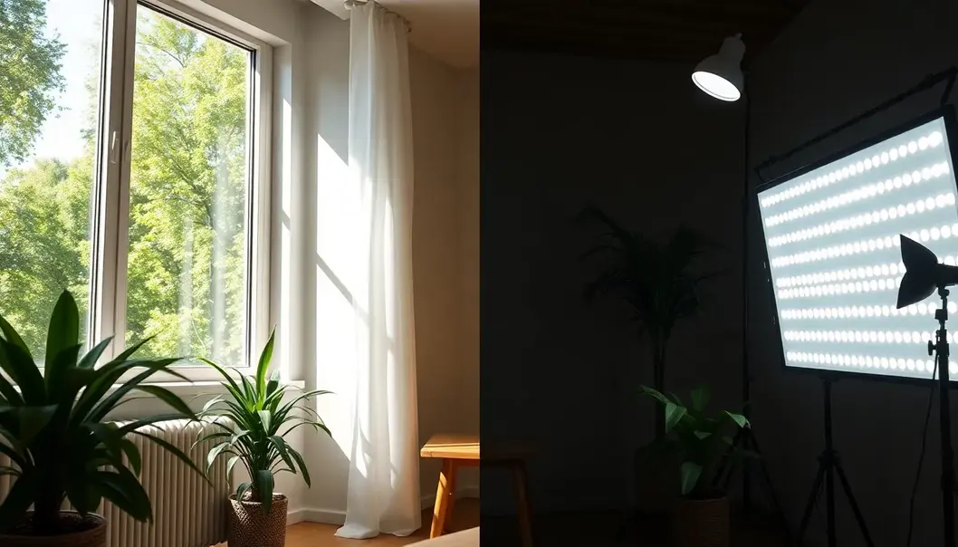 A comparison of natural daylight and LED lighting in an indoor photography setting.