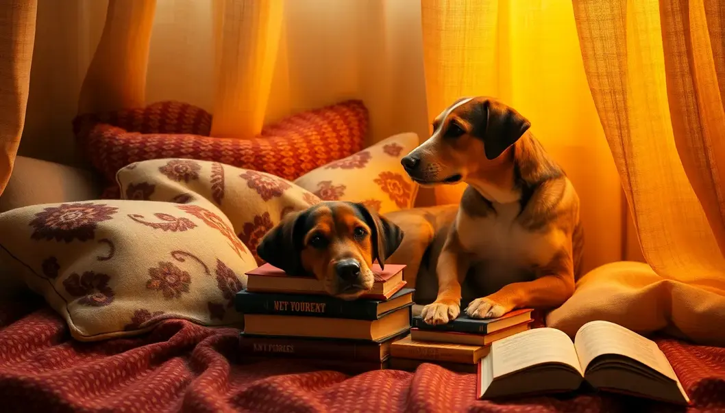 A cozy setting showing books and a pet, embodying comfort and enlightenment.