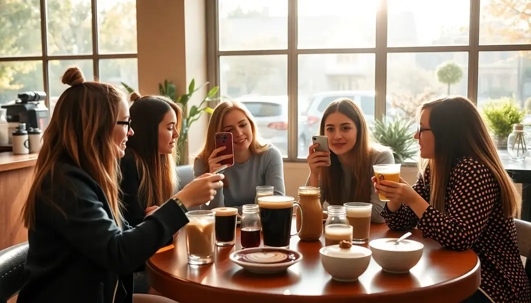 Teens in a café enjoying craft coffees with latte art and capturing photos.