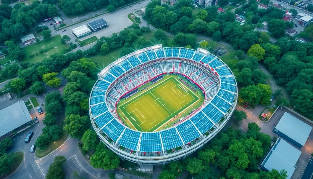 An eco-friendly sports festival in full swing at a sustainably designed stadium.