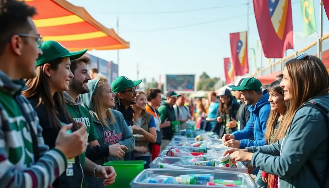 An eco-friendly sports festival in full swing at a sustainably designed stadium.
