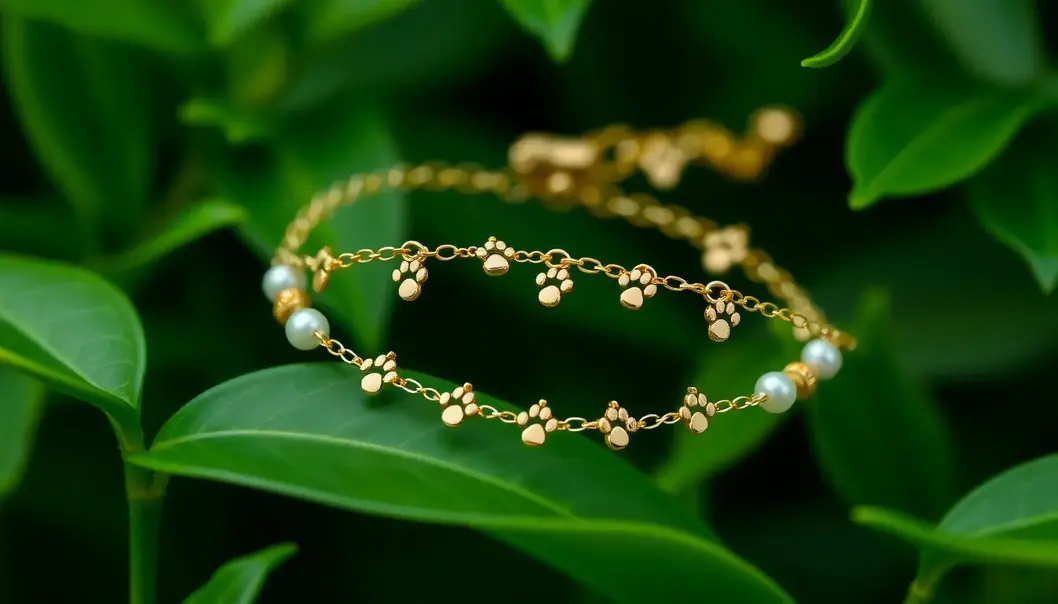 Nature-inspired bracelet featuring paw print charms set against a lush backdrop.