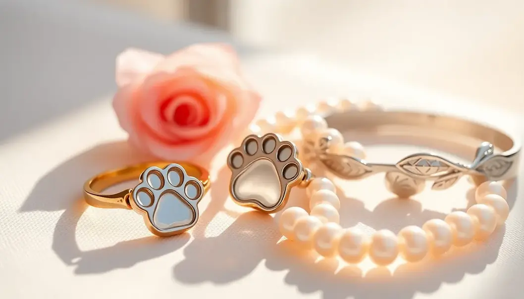 Jewelry pieces with pet and nature designs in a sunlit setting.