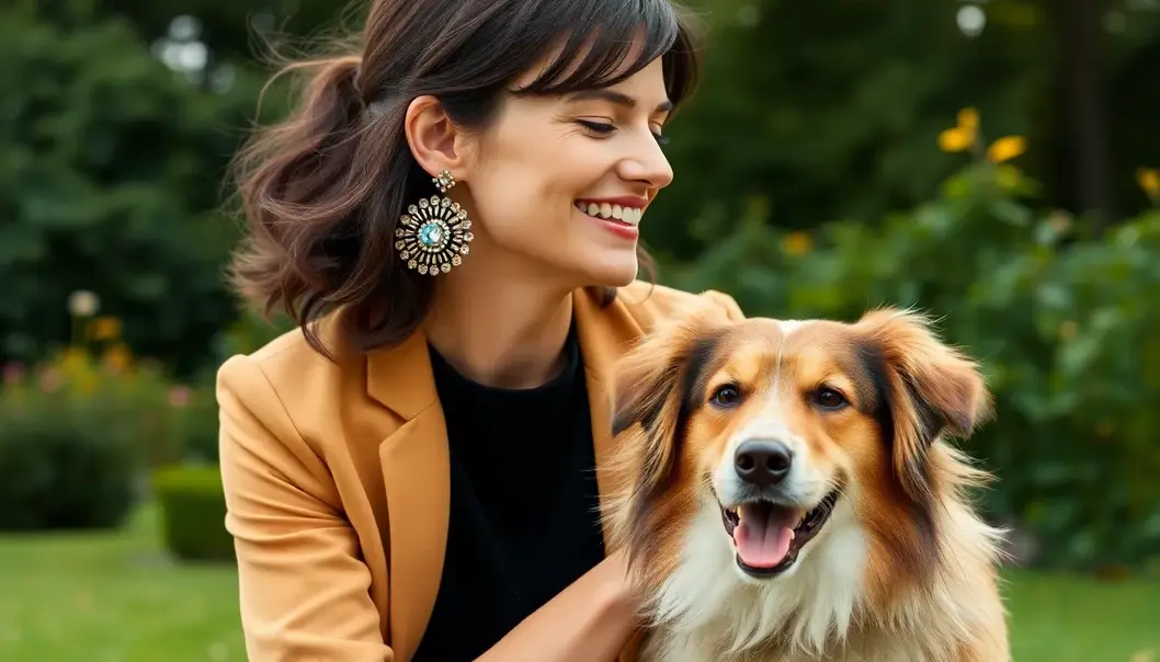 Pet owner wearing statement earrings standing with her dog.