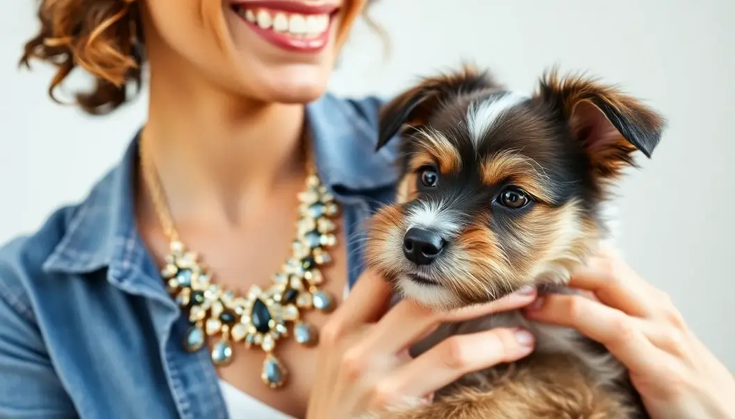 Woman proudly wearing statement jewelry, alongside her playful puppy.