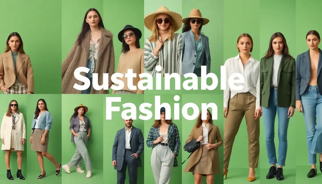 People in stylish sustainable outfits against green nature-themed backgrounds.
