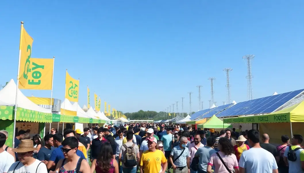 Vibrant sports festival scene with fans engaged in eco-friendly activities and renewable energy features.